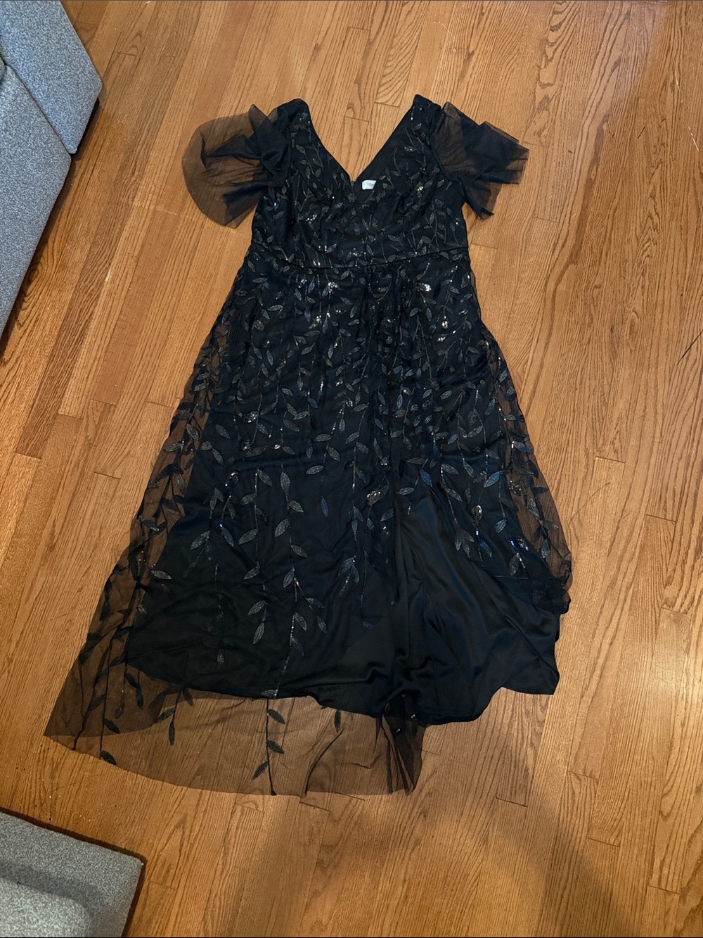 Ever Pretty Black Tulle Dress with Sequin Leaf Accents